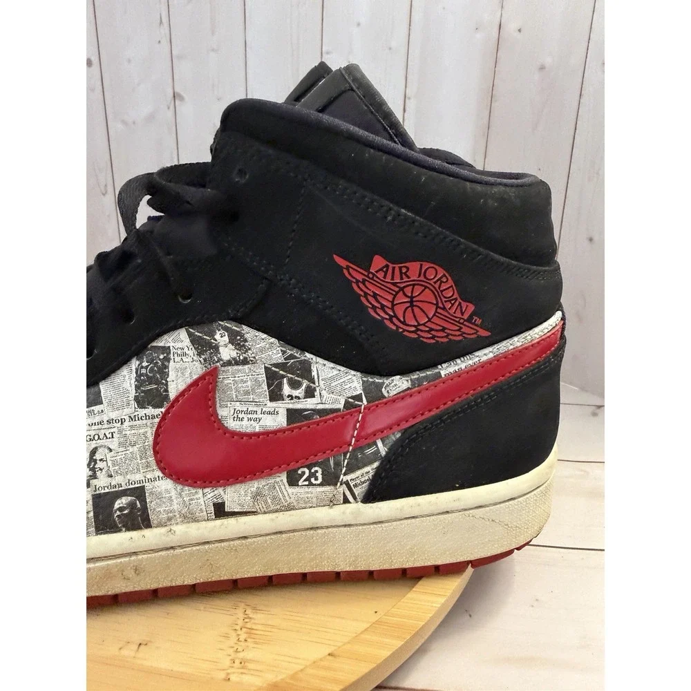 Jordan 1 Mid SE Air Times Newspaper Print Black Red White Sneakers Size 11